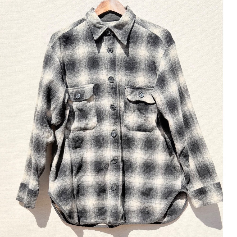 Utility Canvas Mens Plaid Flannel Shirt Jacket Black Cream Made in USA Large